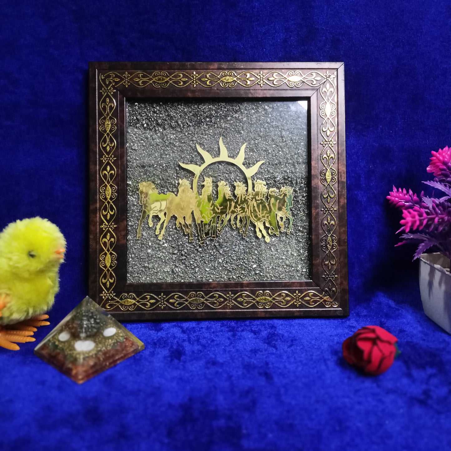 7 Horses Pyrite Frame with Selenite Car Hanger Combo