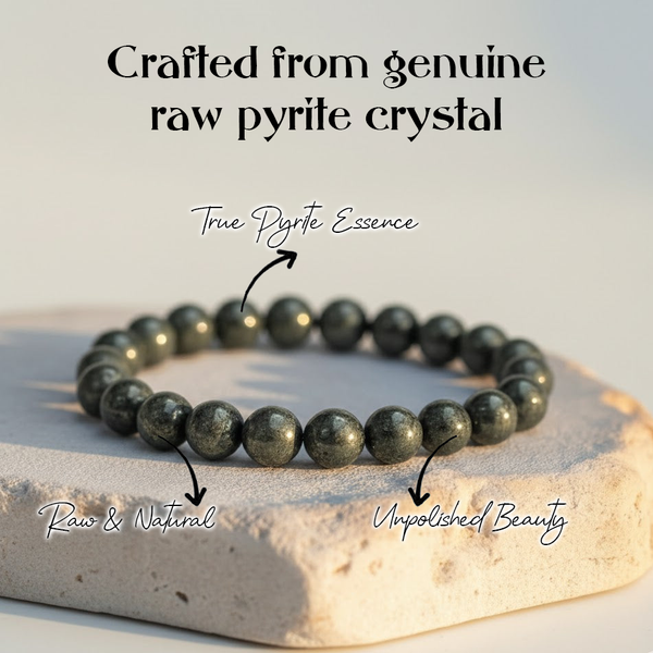 Raw pyrite crystal bracelet on a light stone surface with text highlighting its authenticity.