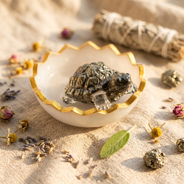 Pyrite Turtle with Selenite Charging Plate for Vastu