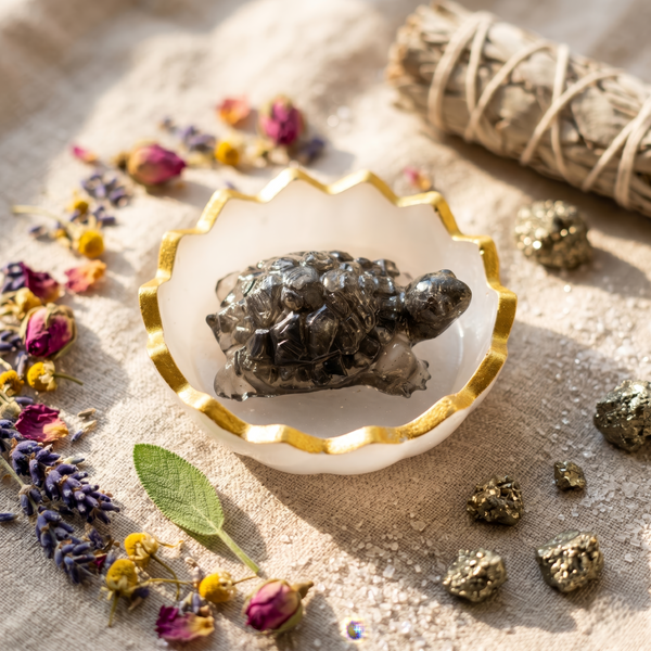 Pyrite Turtle with Selenite Charging Plate for Vastu