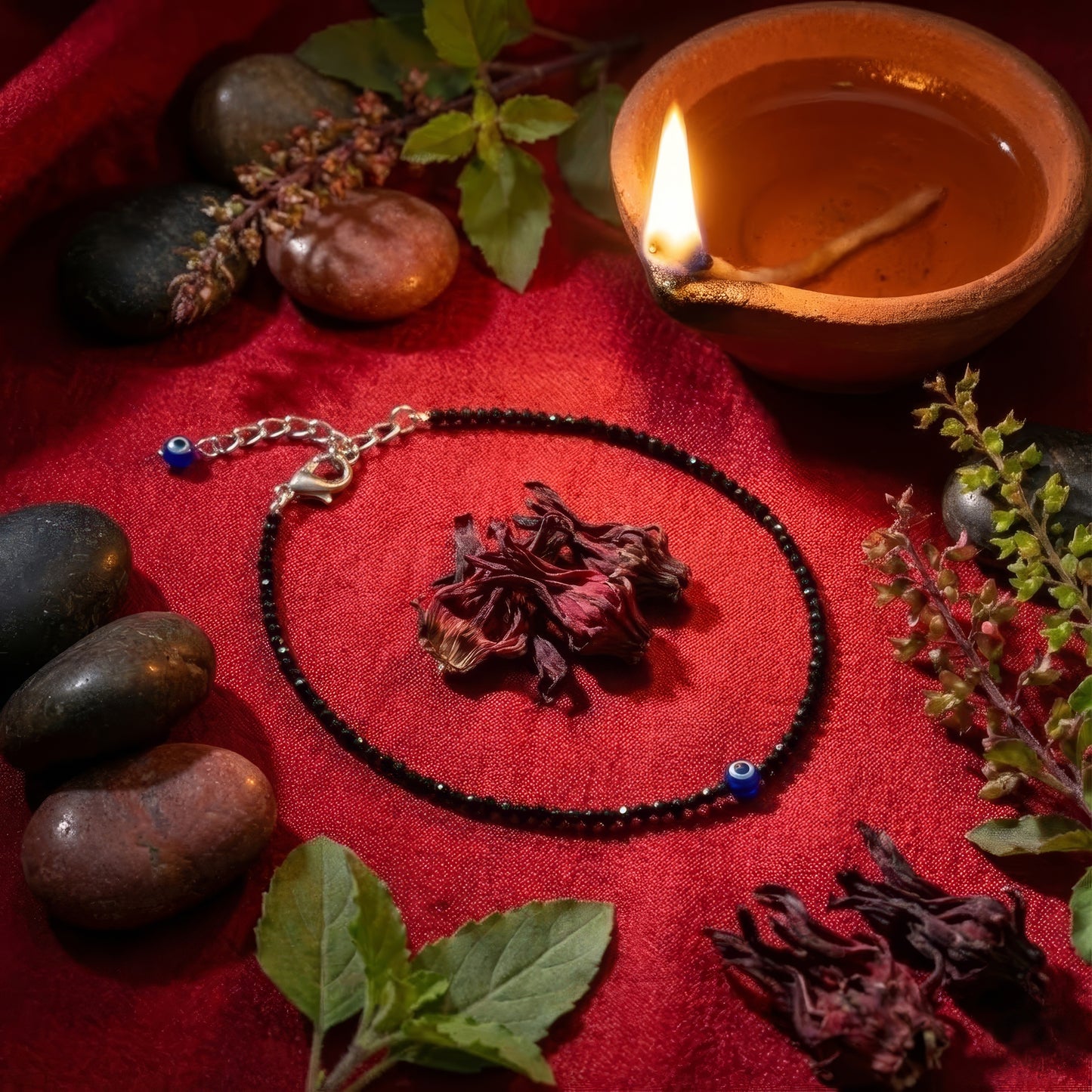 Bracelet with beads on a red surface with a lit oil lamp and stones.