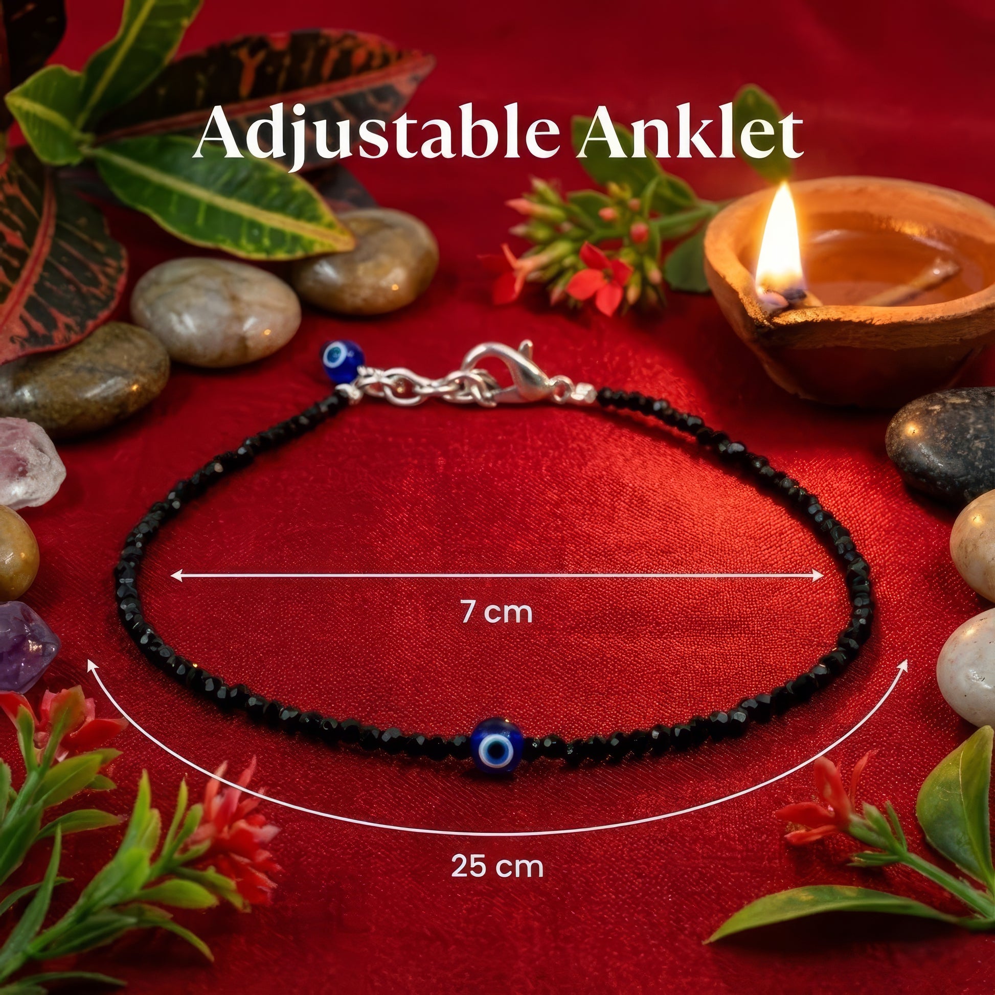 Adjustable anklet with measurement details on a red background with decorative elements.