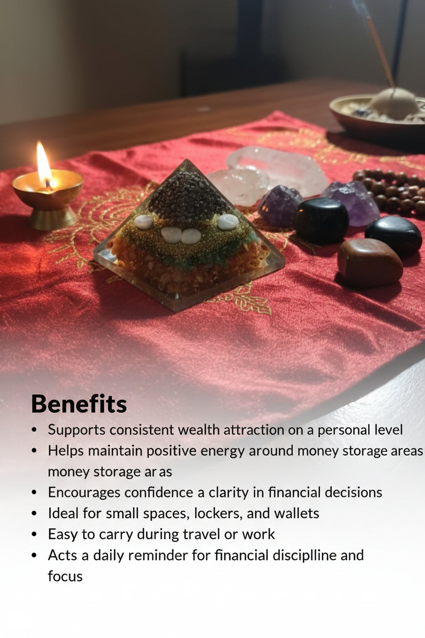 Decorative setting with a pyramid, crystals, and a candle on a red cloth.