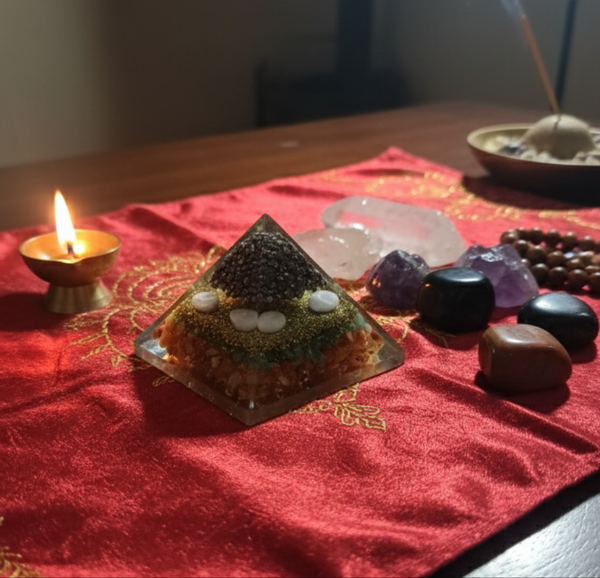 Pyramid with crystals on a red cloth with a lit candle