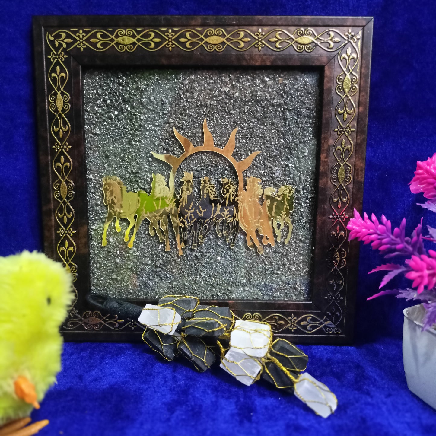 7 Horses Pyrite Frame with Selenite Car Hanger Combo