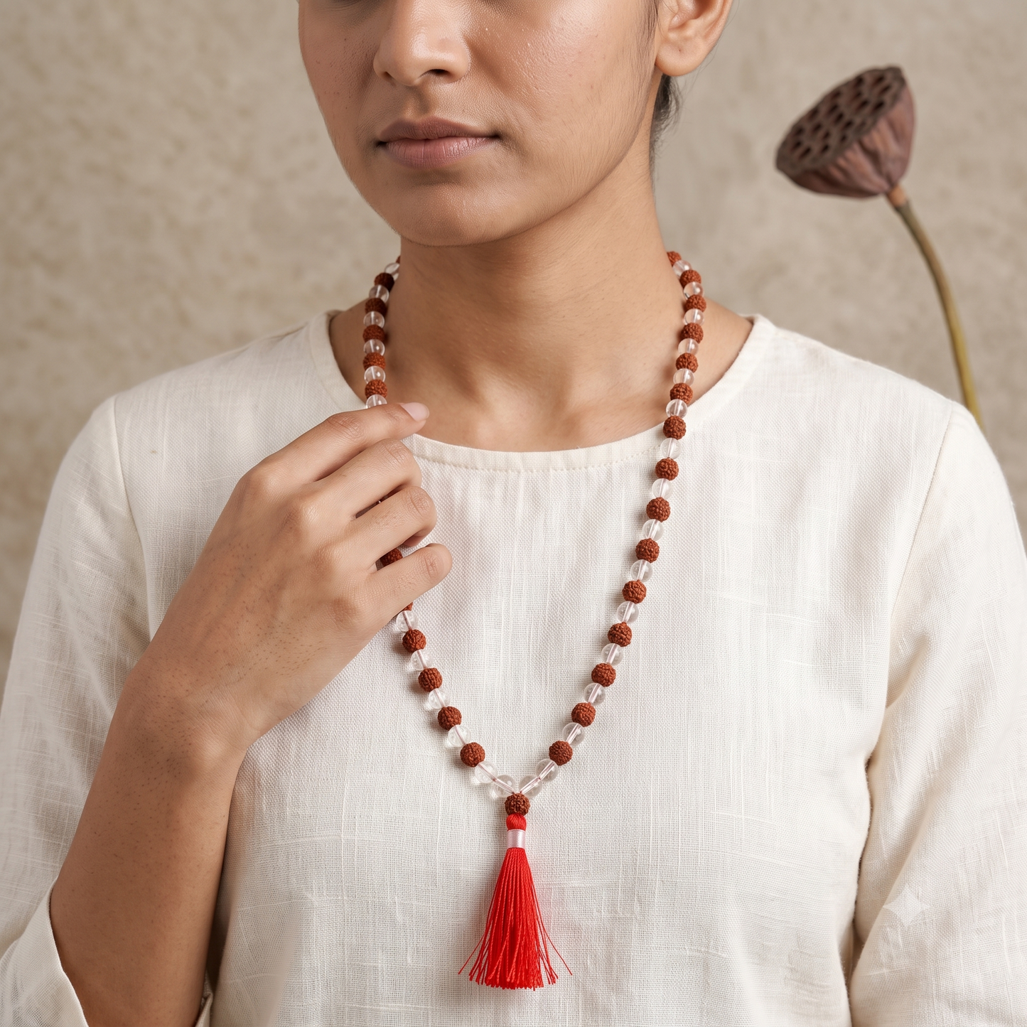 Rudraksha & Clear Quartz Mala