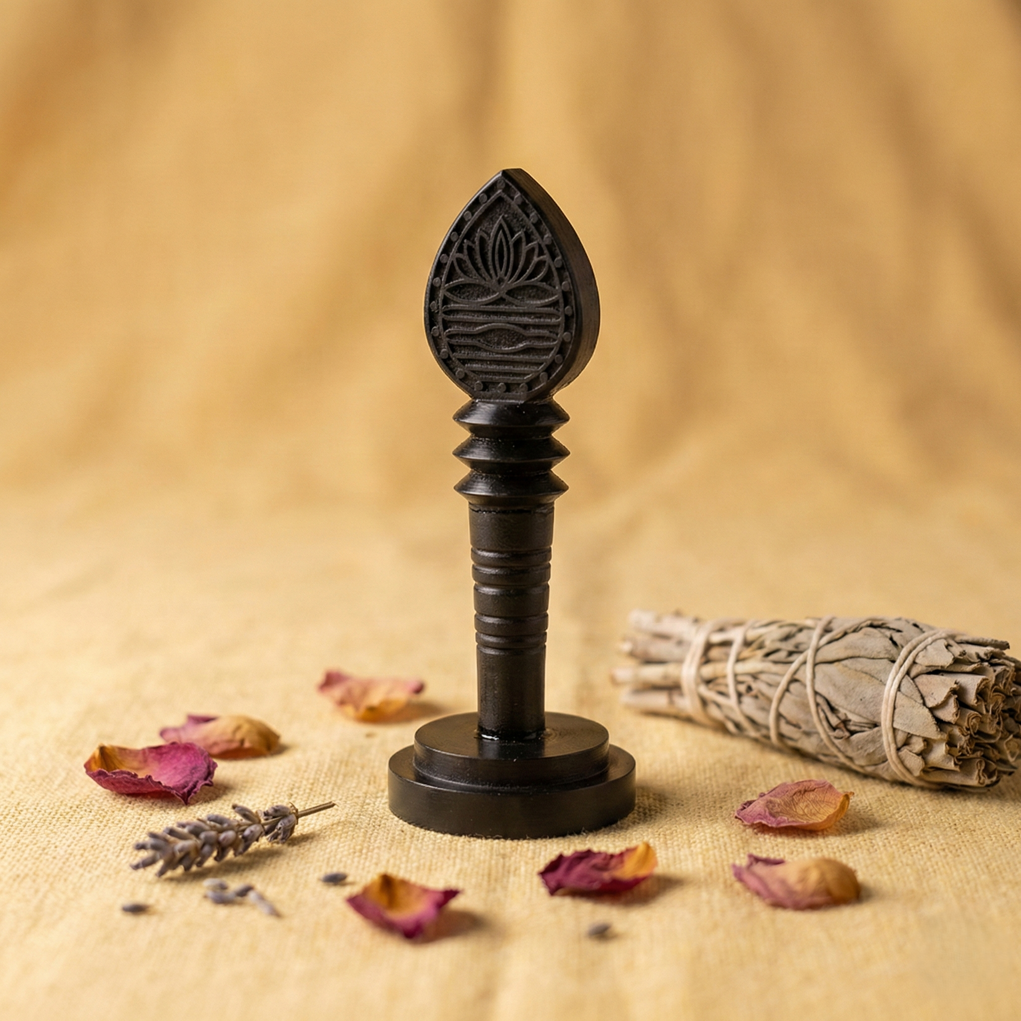 Black decorative object on a beige surface with dried flowers and a sage bundle.