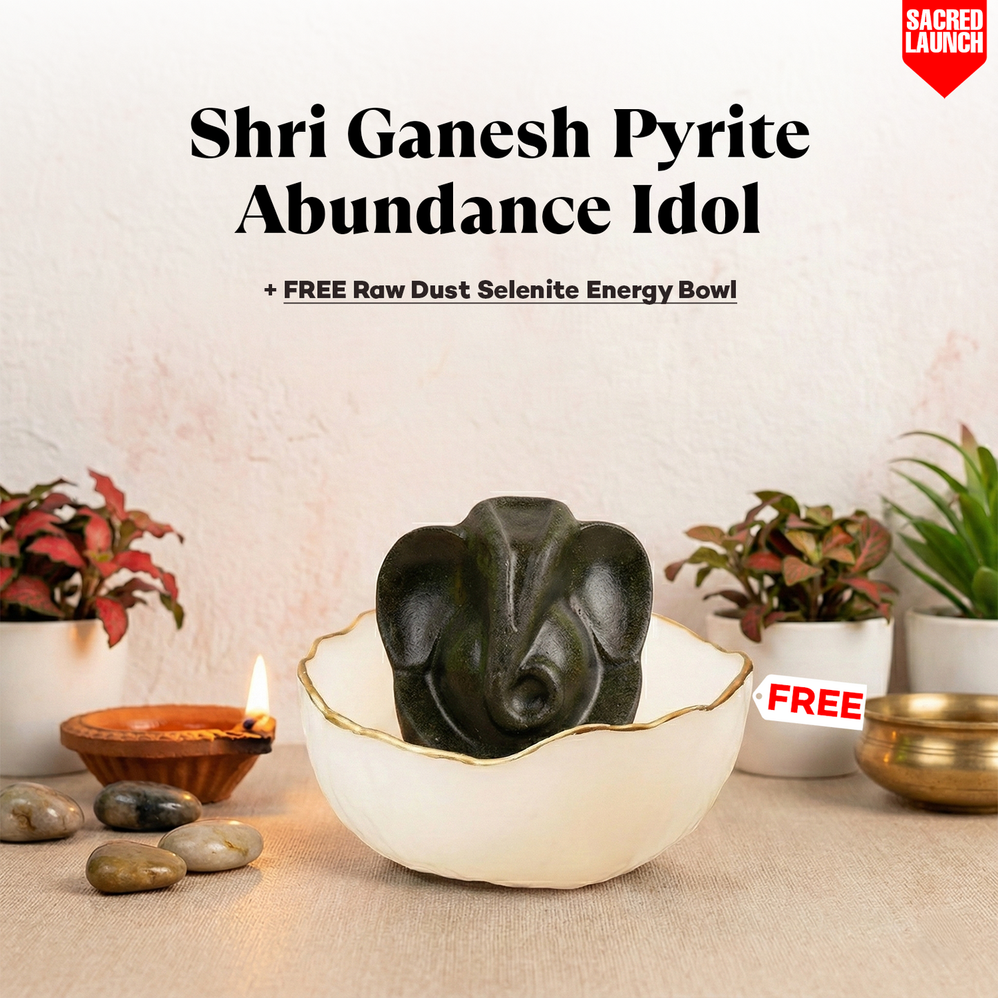 Shri Ganesh Pyrite Abundance Idol with Selenite Energy Bowl