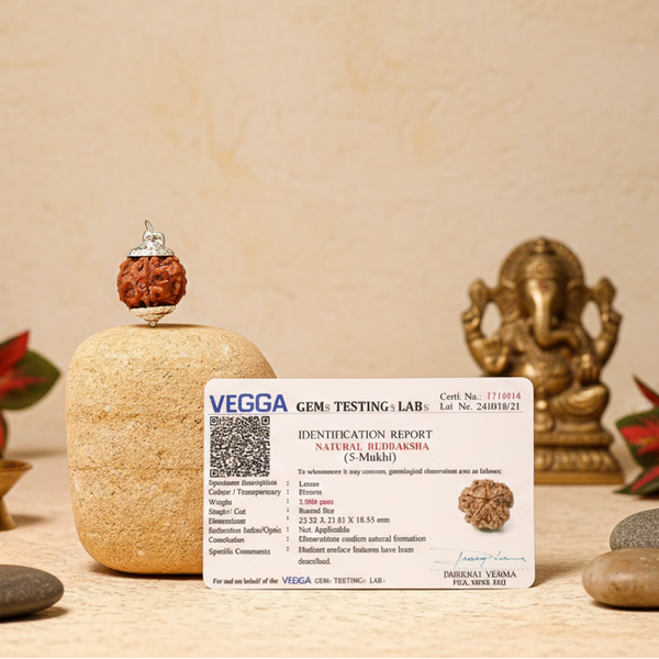 Vega gemstone identification card with a stone and decorative items on a beige background
