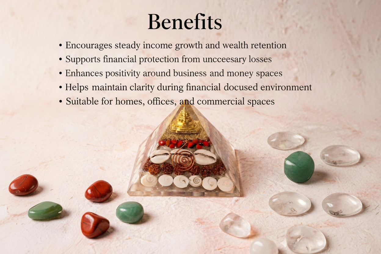 Pyramid-shaped crystal organizer with various crystals on a light pink background