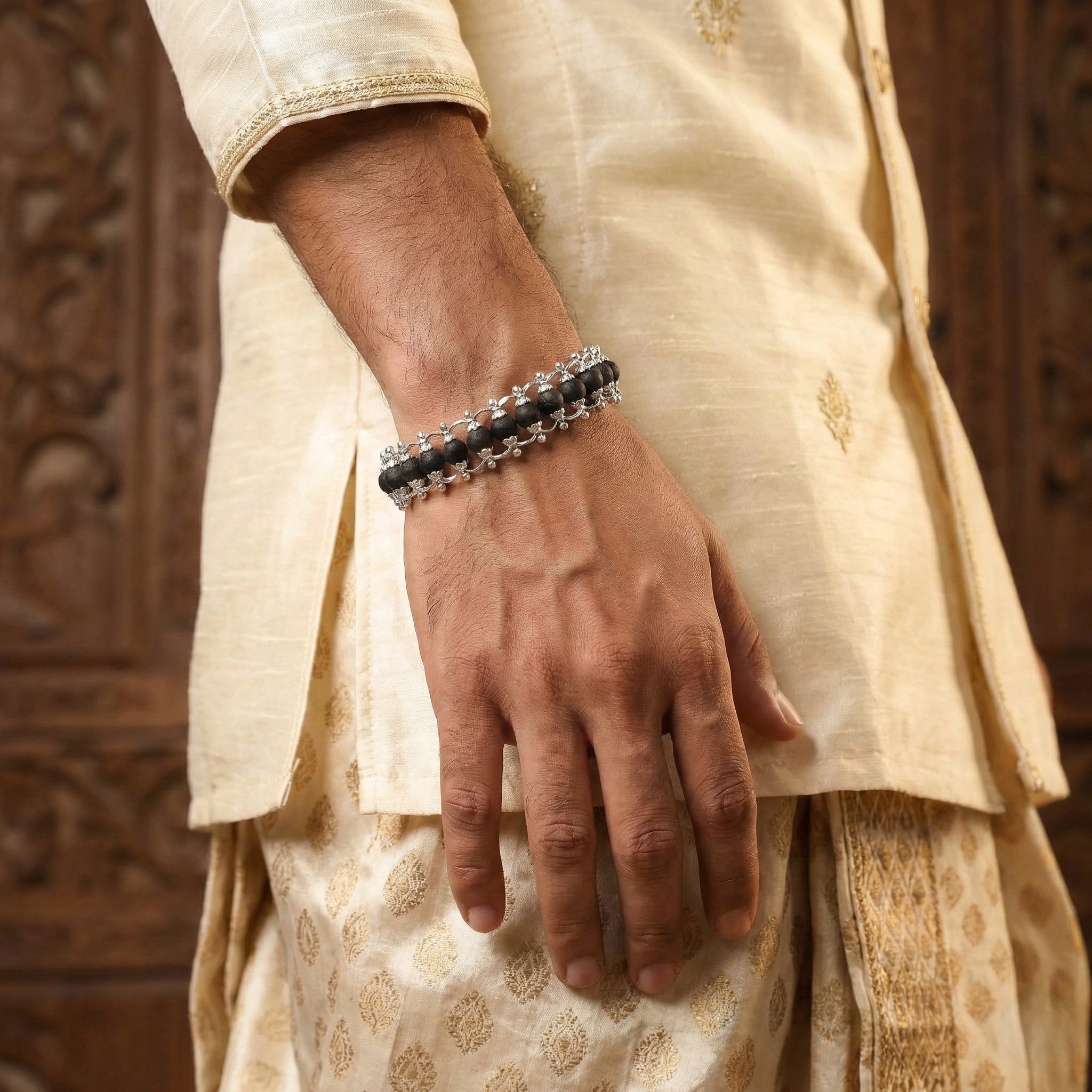 Siddhi Luxe Silver-Plated Karungali Chain Bracelet