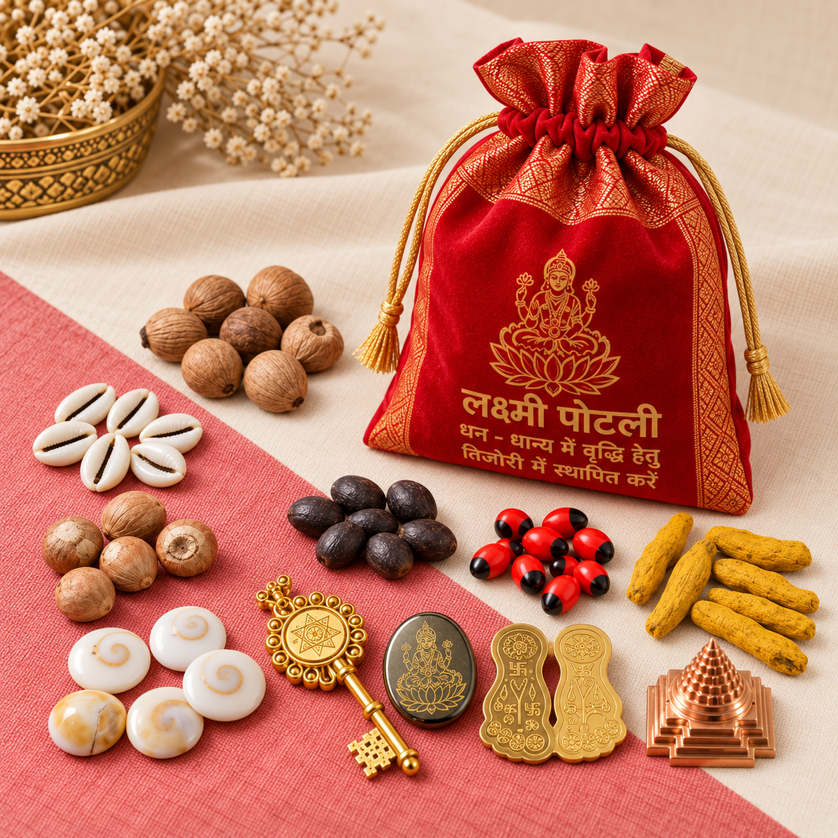 A red drawstring pouch with gold embroidery and Hindi text sits on a beige fabric surface, surrounded by assorted decorative and ritual items including nuts, shells, red and black beads, a key, medallions, and small figurines.