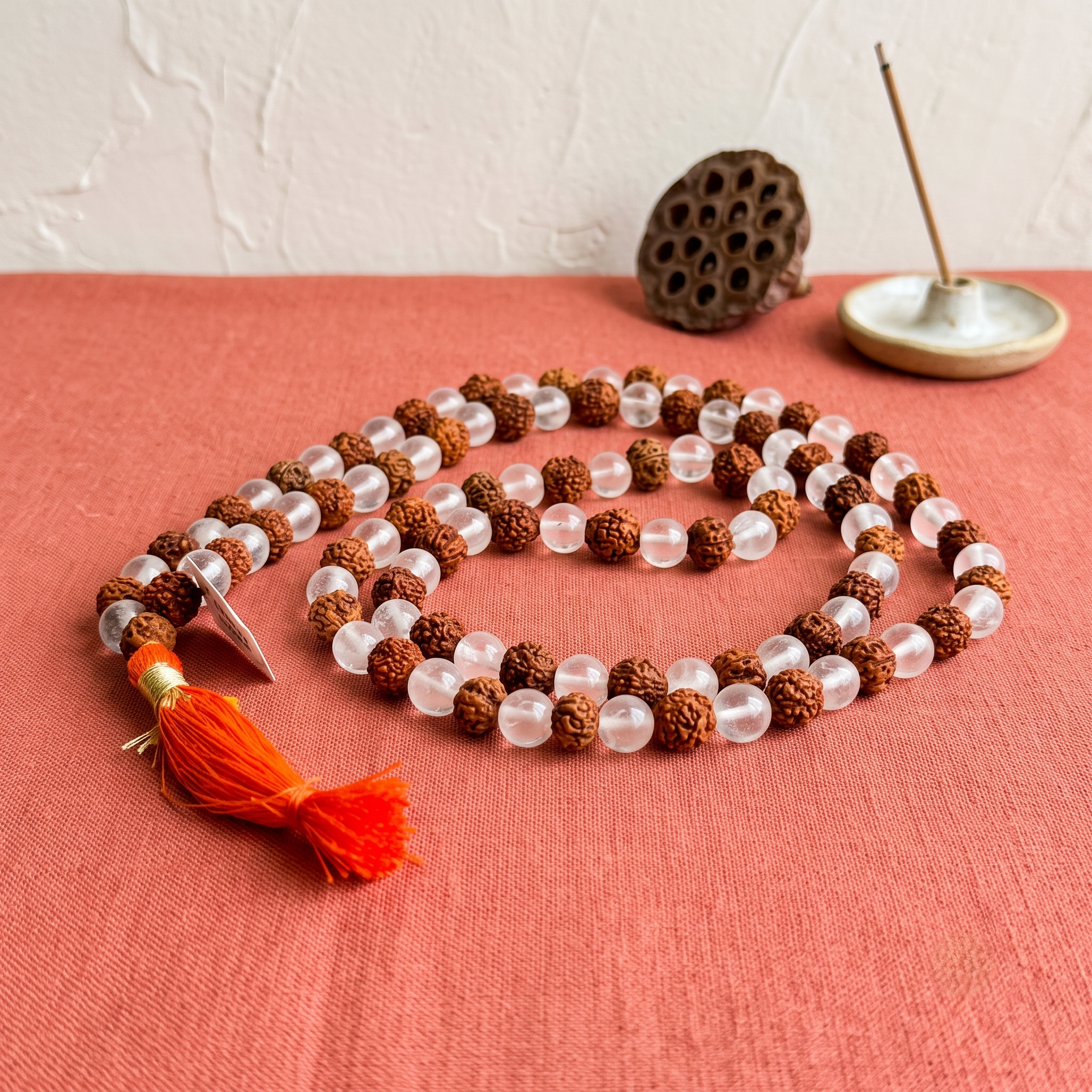 Rudraksha & Clear Quartz Mala