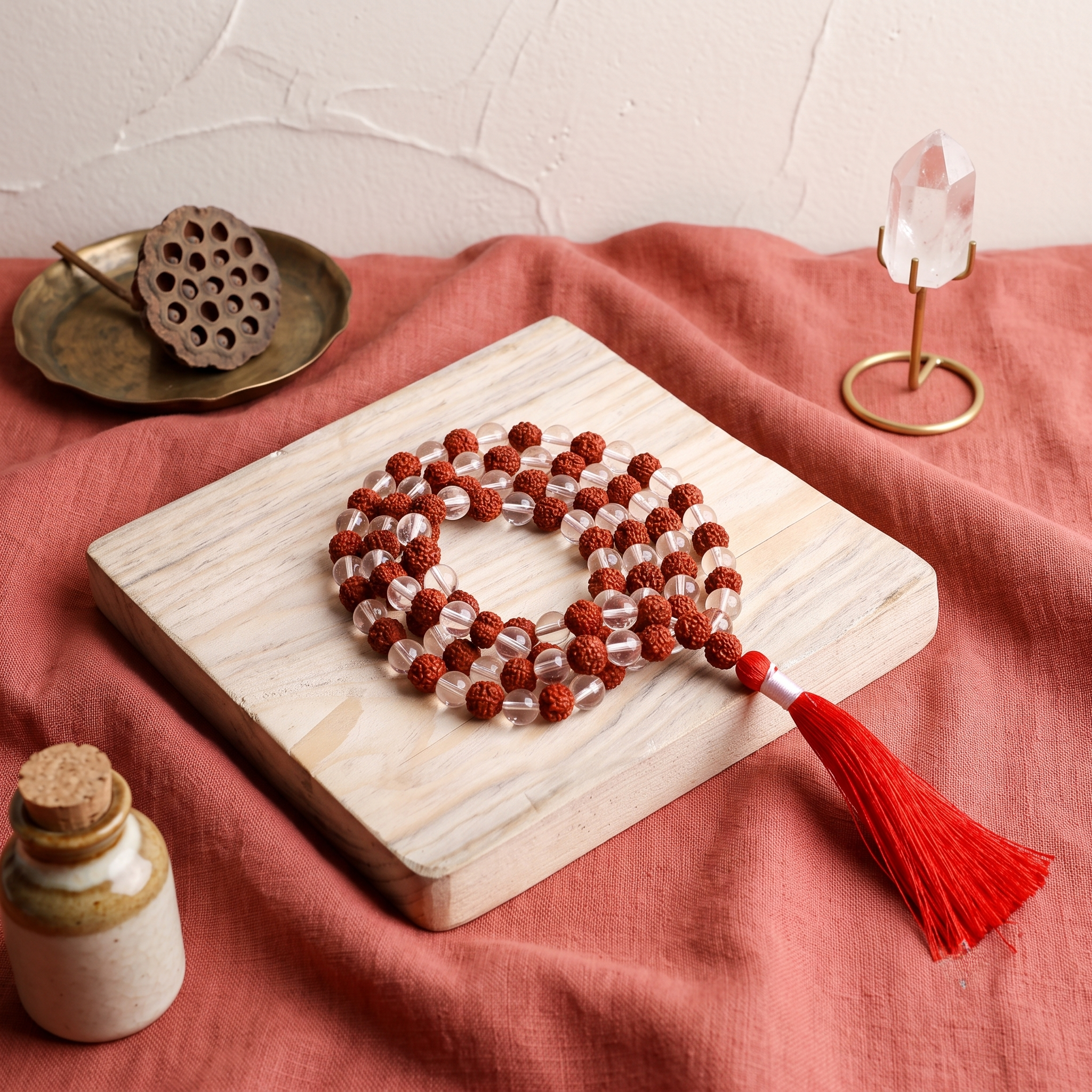 Rudraksha & Clear Quartz Mala