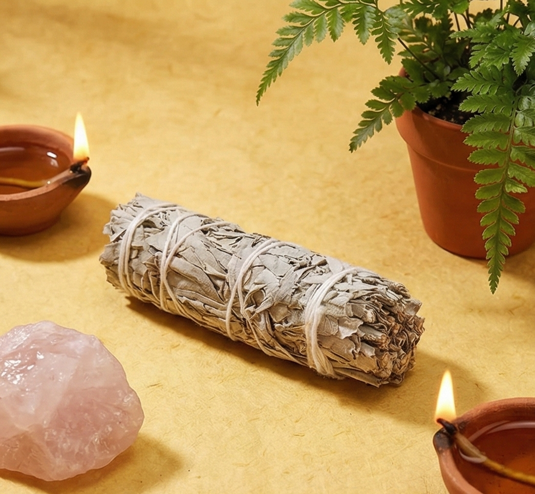 Rolled sage smudge stick on a yellow surface with candles and a plant