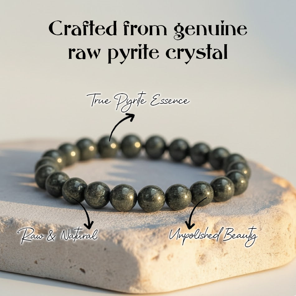 Raw pyrite crystal bracelet on a light stone surface with text highlighting its authenticity.