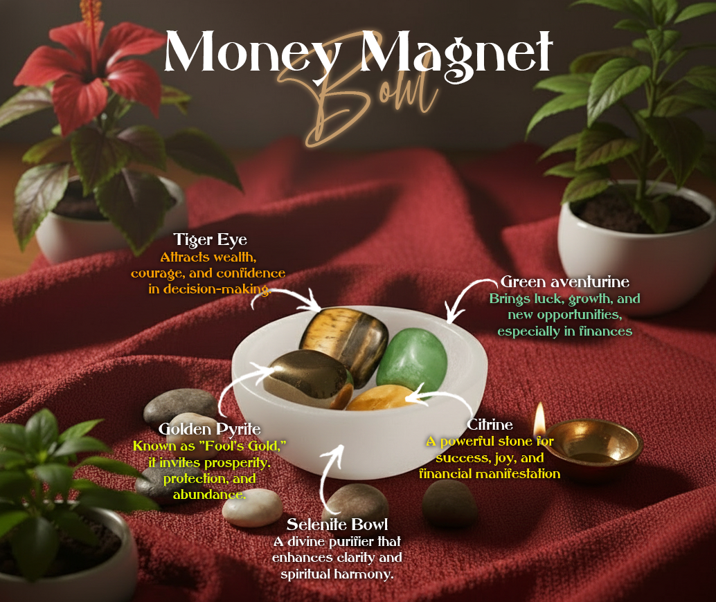 Money Magnet Bowl with stones and plants on a red cloth