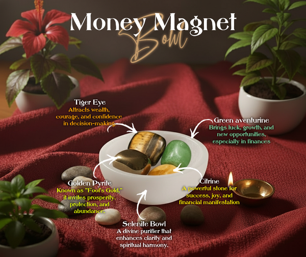 Money Magnet Bowl with stones and plants on a red cloth