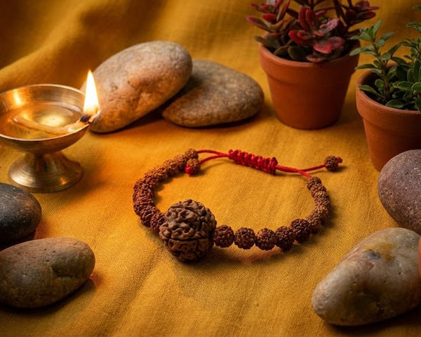Bracelet on stones with potted plants and a lit candle on a textured surface