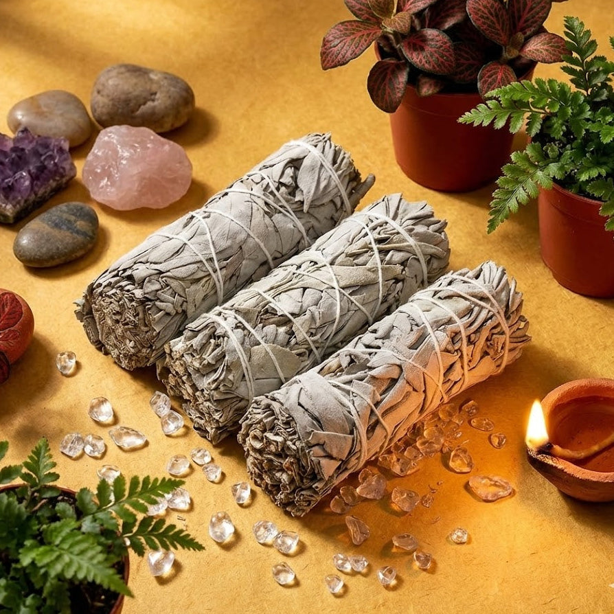 Three sage smudge sticks on a yellow surface with crystals, stones, and plants.