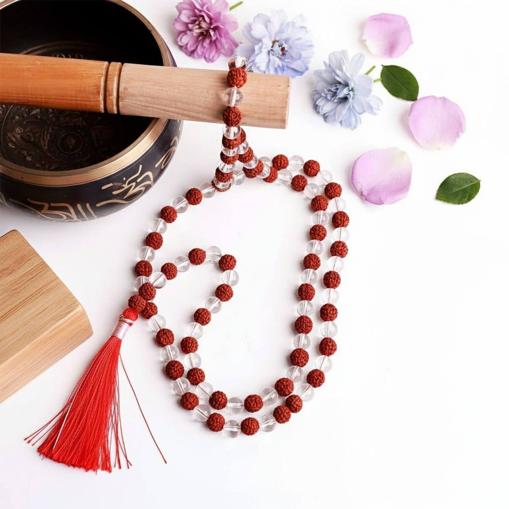 Rudraksha & Clear Quartz Mala