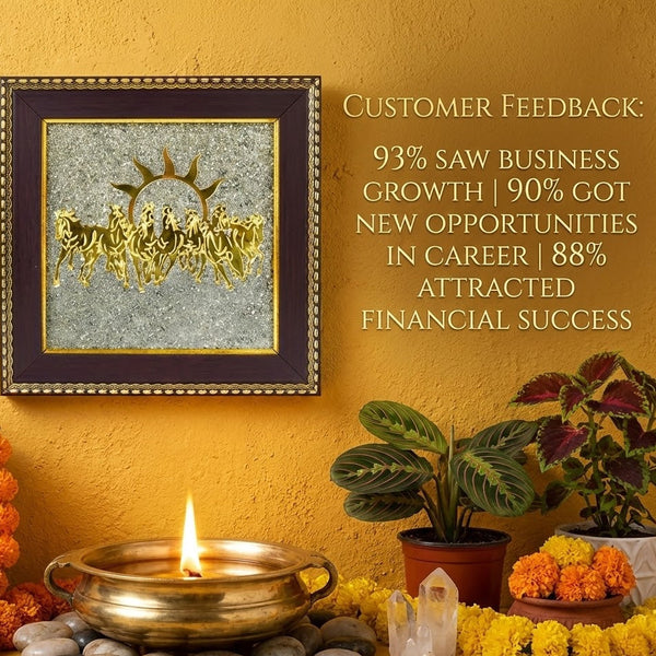 Decorative setup with framed artwork, lit oil lamp, and plants on a yellow wall.