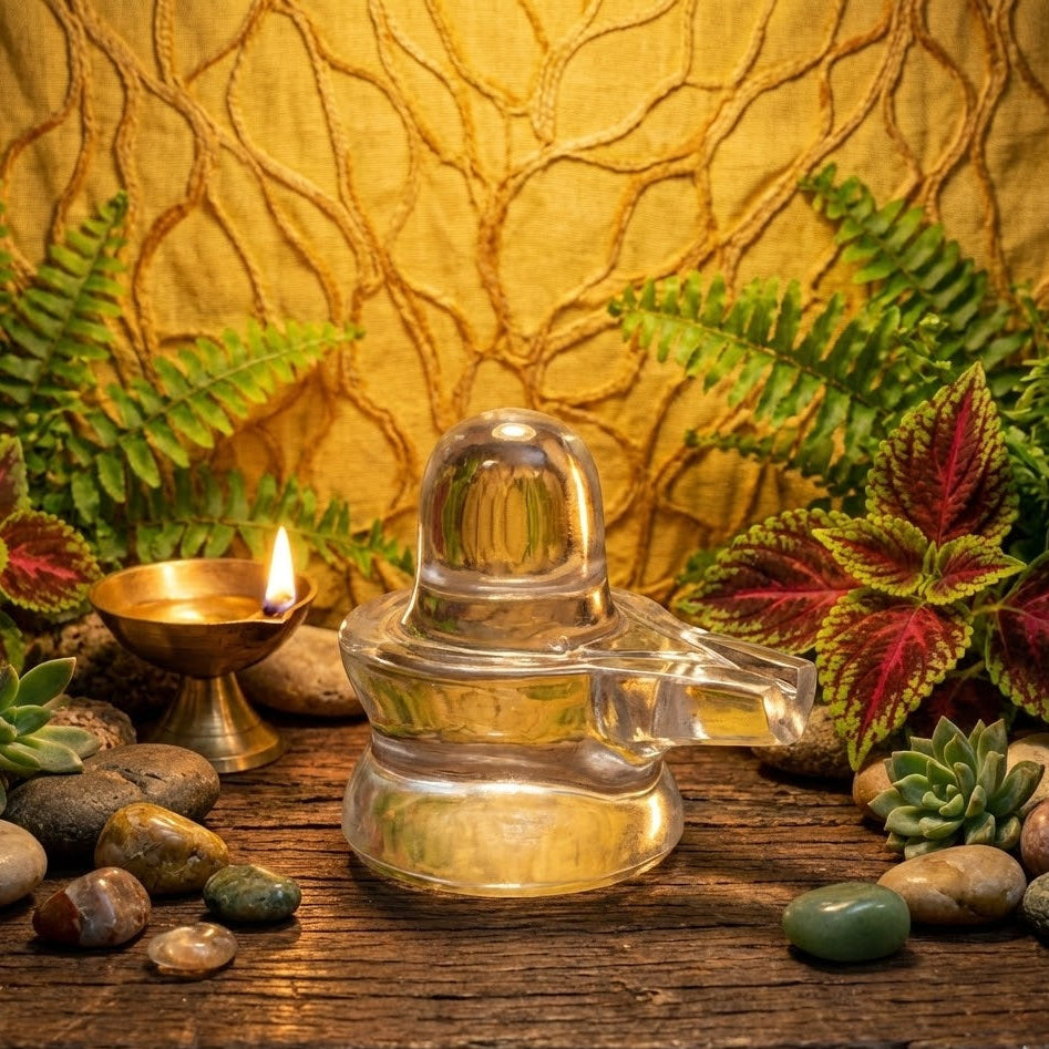 Clear glass oil lamp on a wooden surface with plants and stones in the background