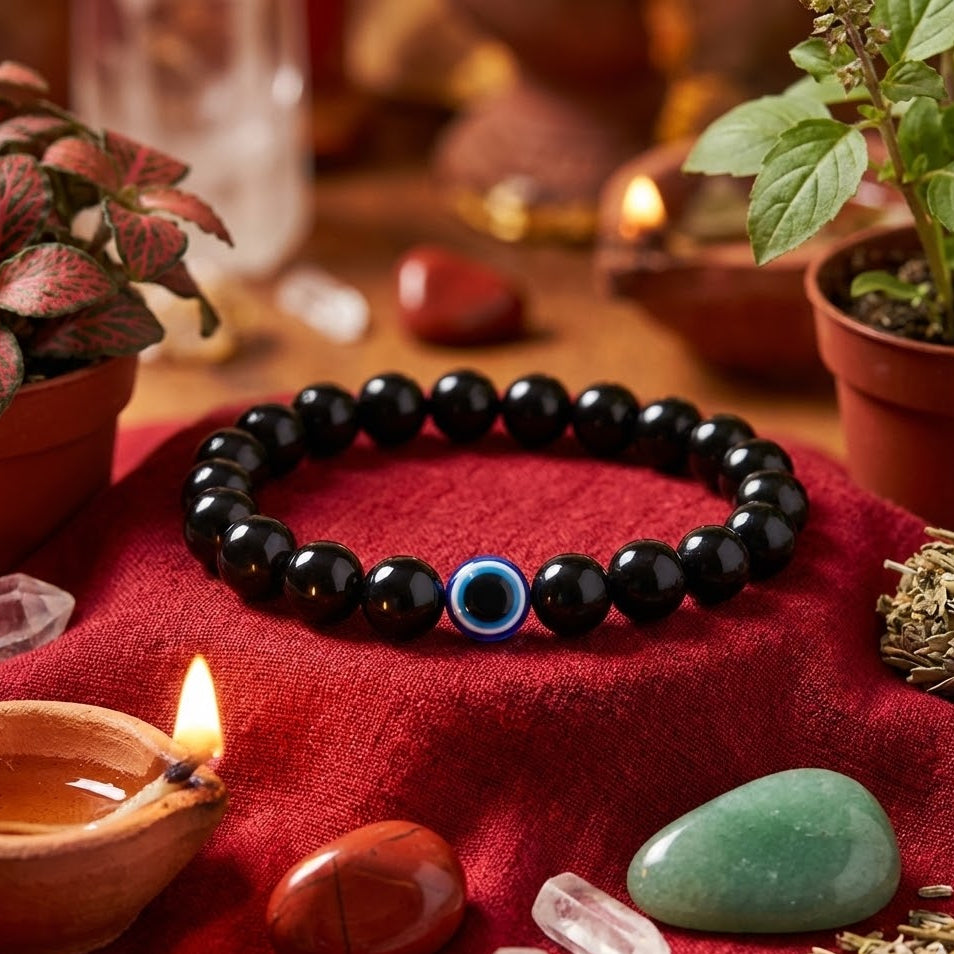 Black beaded bracelet with a blue evil eye bead on a red cloth with plants and a candle.