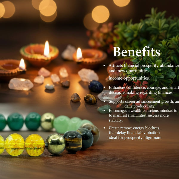 Colorful beads on a wooden surface with lit candles and crystals