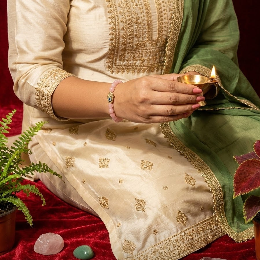 Person in traditional attire holding a lit oil lamp on a red fabric background with plants and crystals.