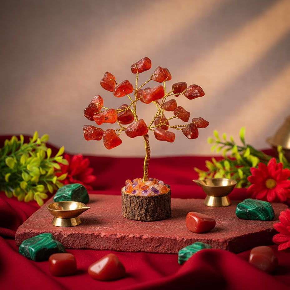 Decorative stone tree on a red surface with flowers and small bowls