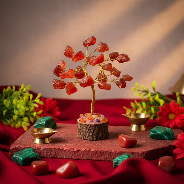 Decorative stone tree on a red surface with flowers and small bowls
