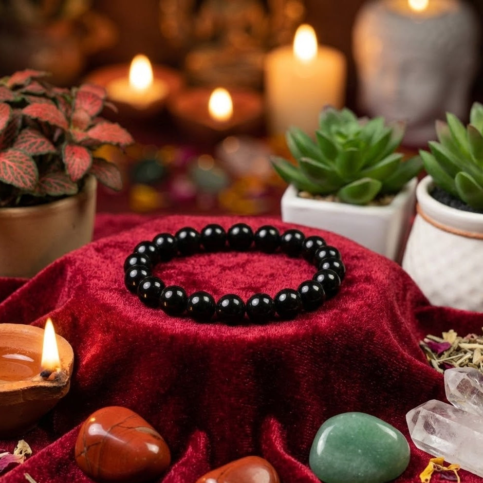 Black beaded bracelet on a red cloth with candles, plants, and stones in the background