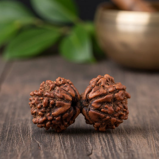 Two brown rudraksha beads on a wooden surface with green leaves and a metallic object in the background.