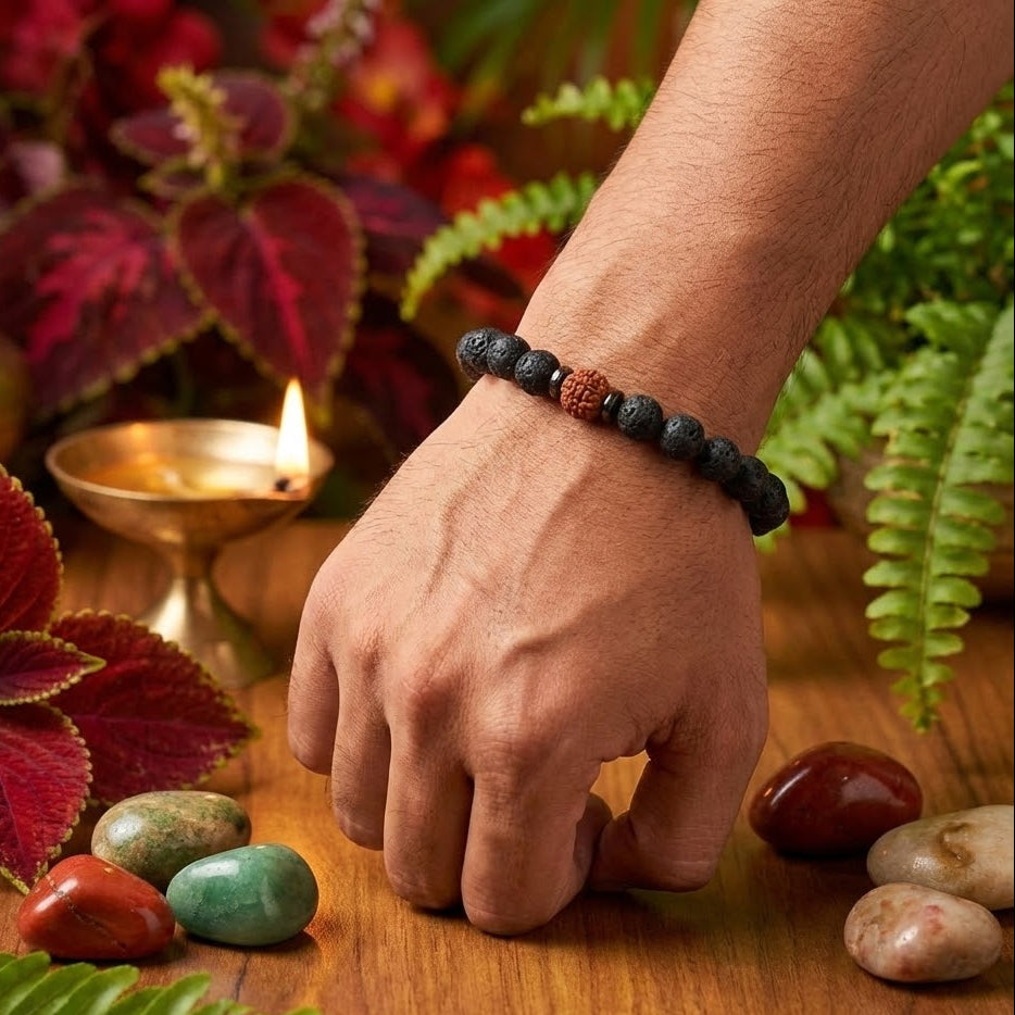 Hand wearing a beaded bracelet on a wooden surface with stones and plants