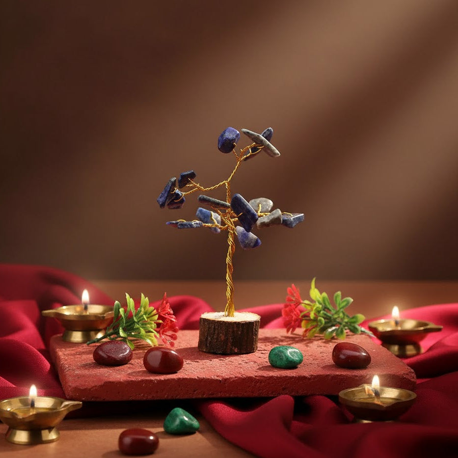 Decorative stone tree with colorful stones on a red surface with candles