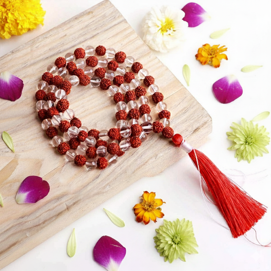 Rudraksha & Clear Quartz Mala