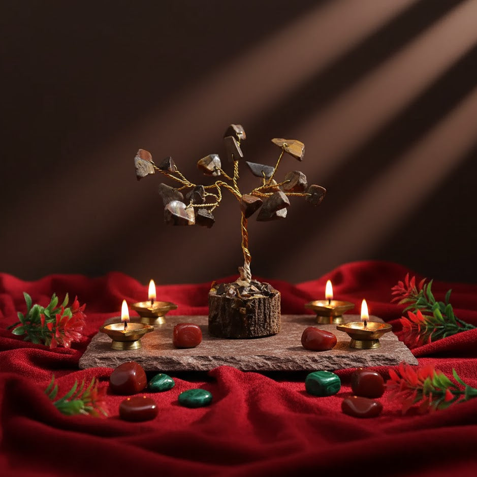 Decorative setup with a small tree, candles, and fruits on a red cloth.