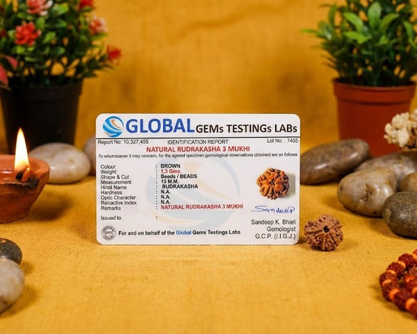 Lab test certificate for a gemstone with decorative items on a yellow background