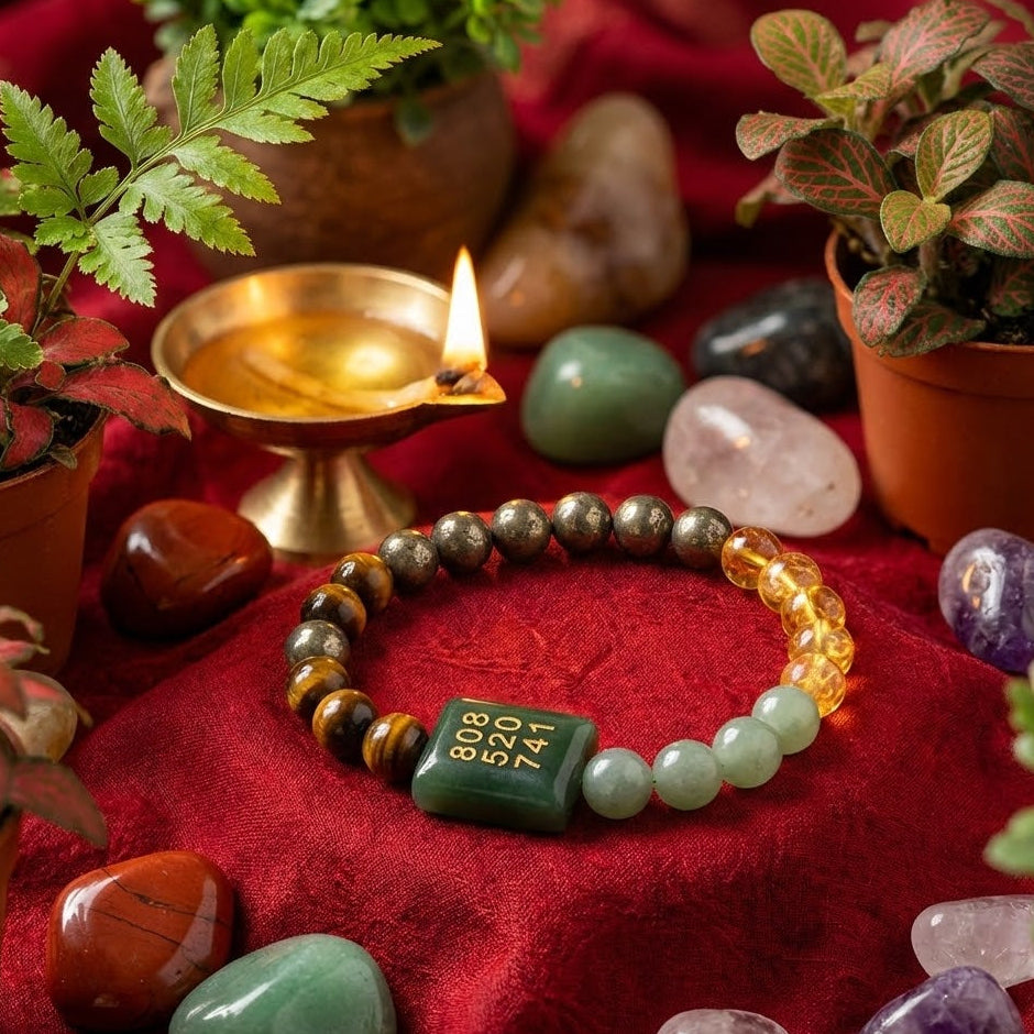 Bracelet with numbers displayed on a red fabric background with crystals and plants
