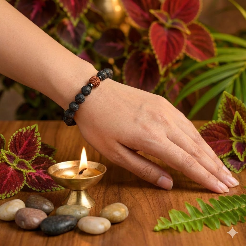 Hand wearing a beaded bracelet with a lit candle and pebbles on a wooden surface.