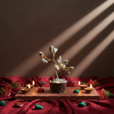 Small tree in a pot on a wooden board with candles and stones on a red fabric background