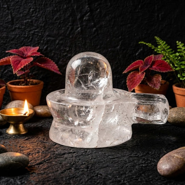 Clear crystal mace with a candle and plants on a dark surface