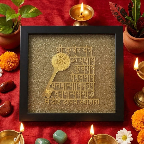 Decorative frame with gold key design on a red fabric background with candles and flowers.