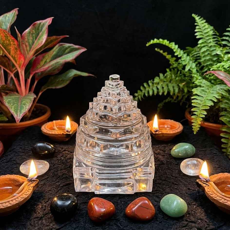 Crystal pyramid with candles and stones on a dark surface with plants in the background