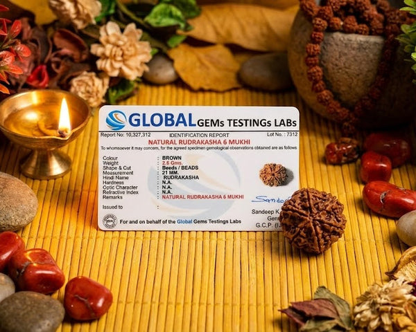 Global Gems Testing Labs certificate on a decorative background with stones, plants, and a lit candle.