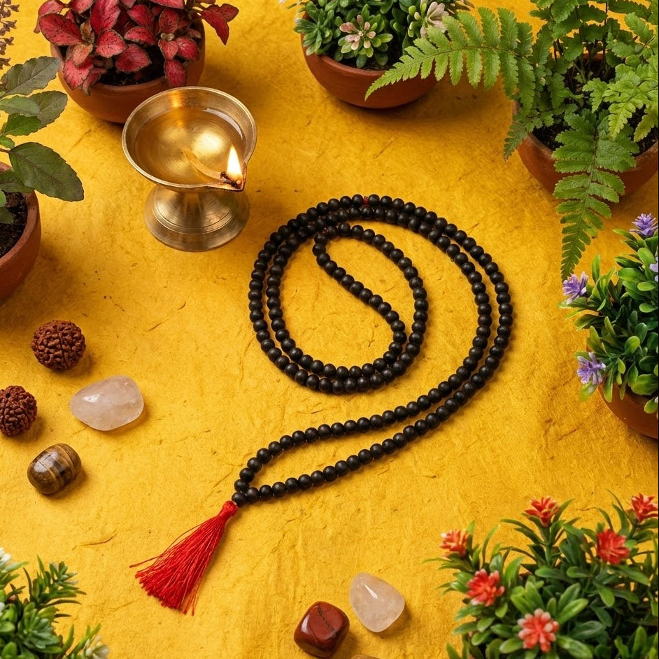 Black beaded mala with a red tassel on a yellow surface surrounded by plants and stones.