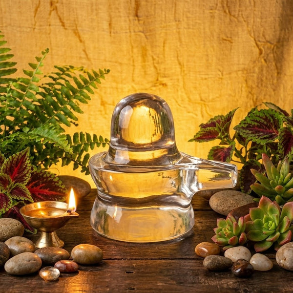 Clear glass oil lamp with a lit candle on a wooden surface with plants and stones.