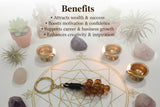 Decorative setup with crystals, a keychain, and a OM symbol on a white surface.