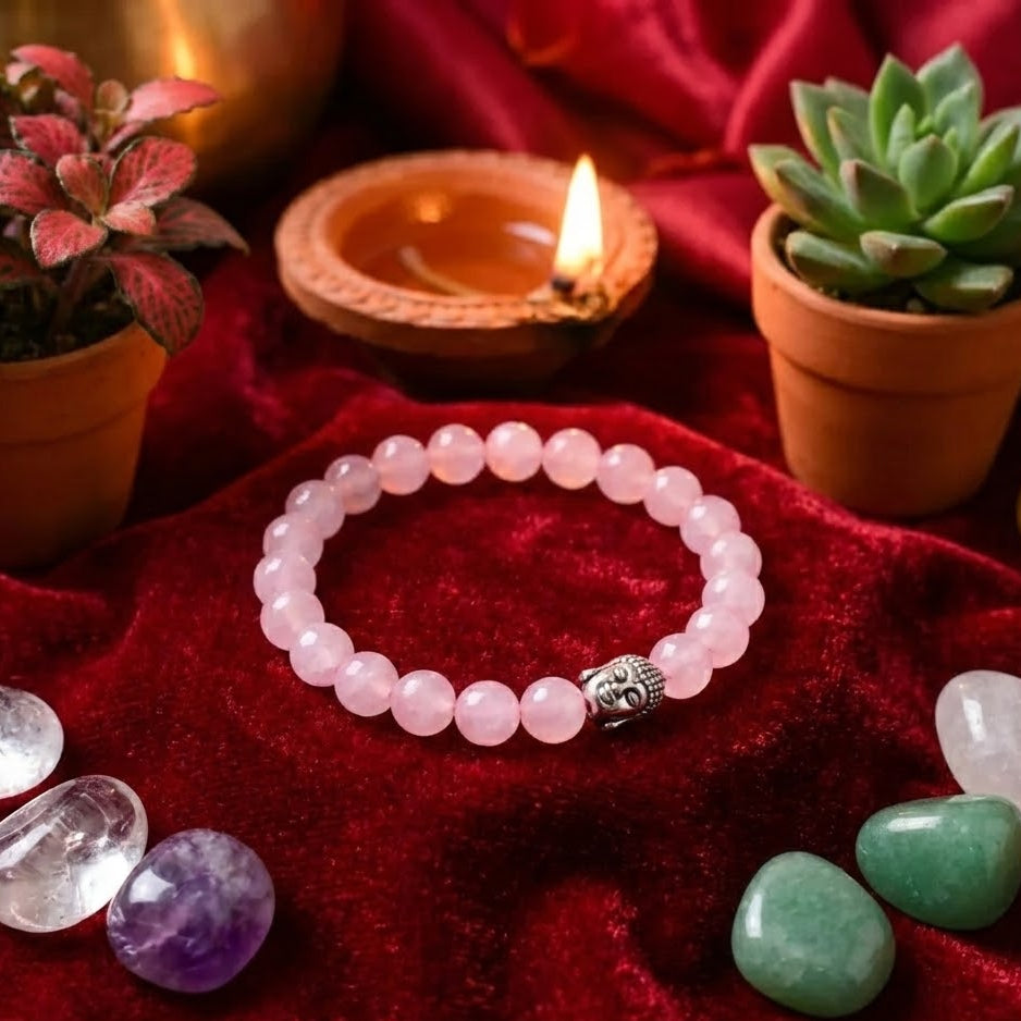 Pink beaded bracelet with a gold charm on a red fabric background with crystals and a candle.